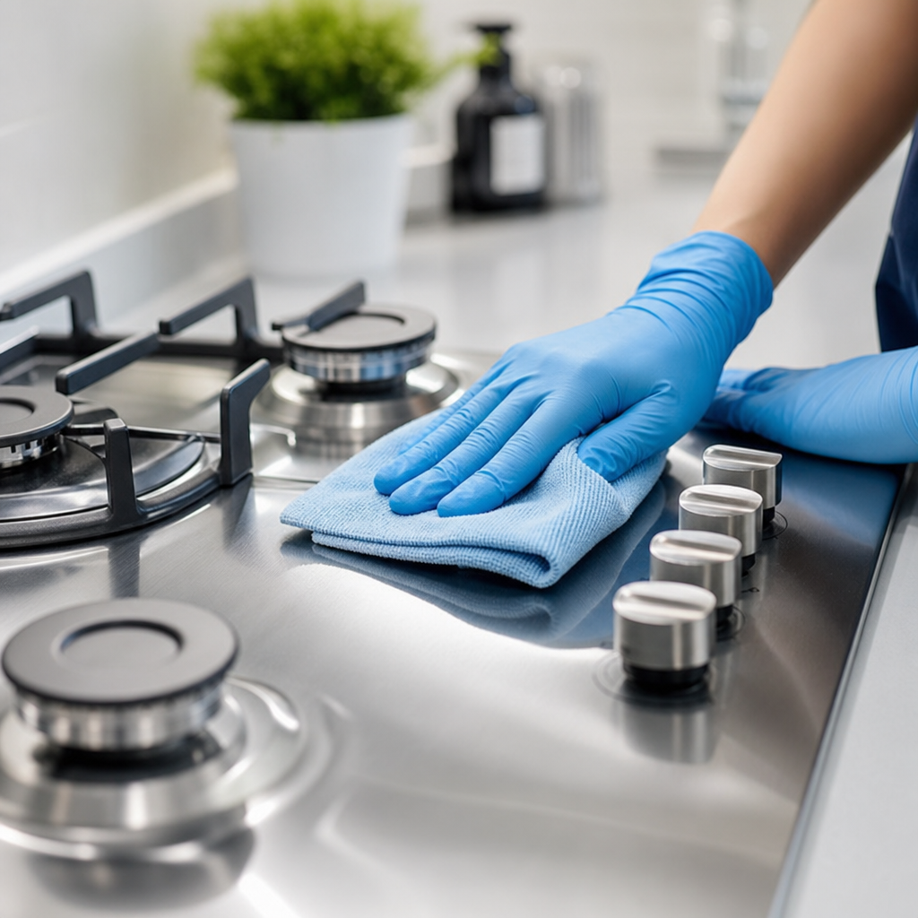 Close-up of gloved hands detailing a stainless steel hob with shine and no residue