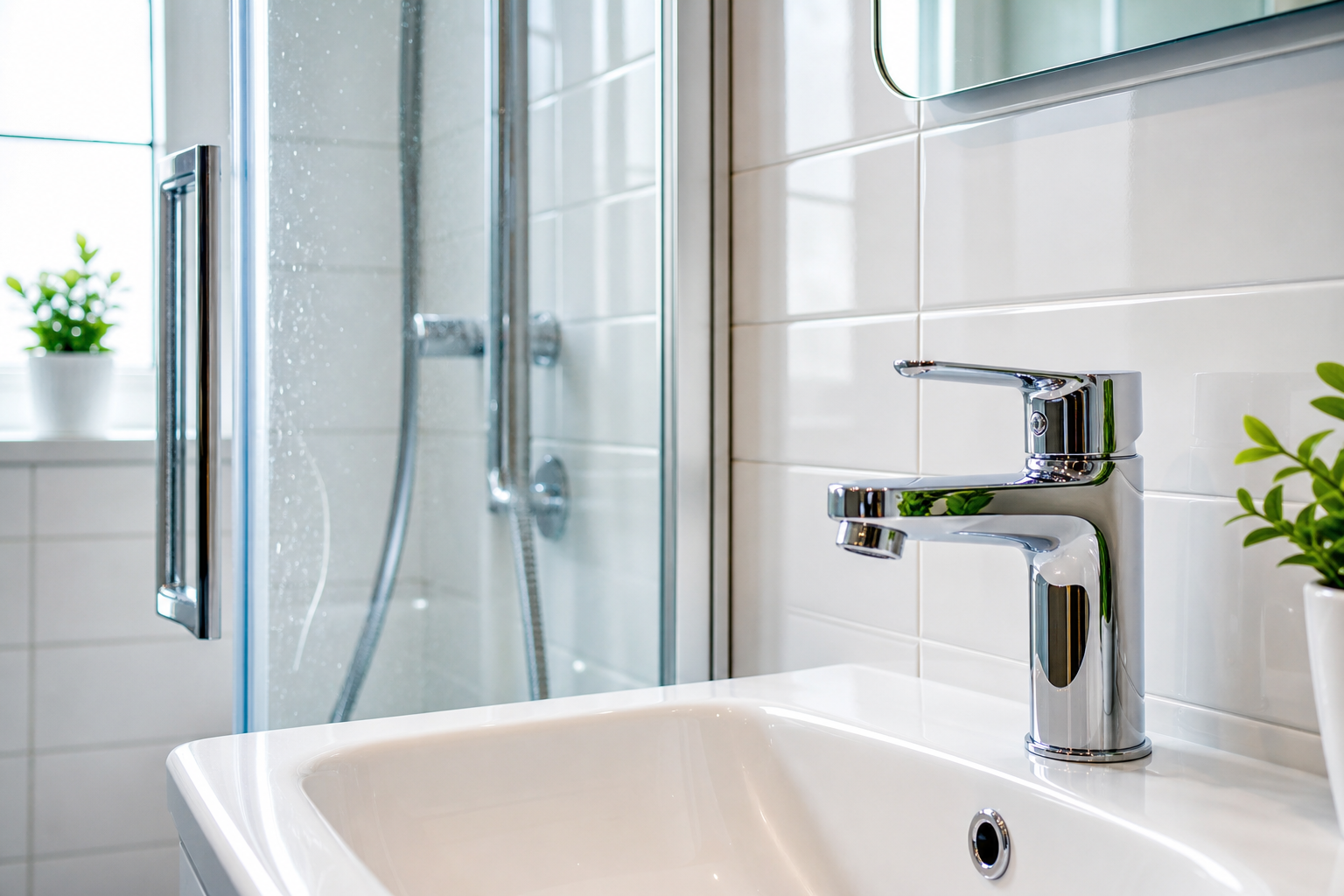 Close-up of freshly cleaned bathroom tiles, grout lines, and chrome fixtures