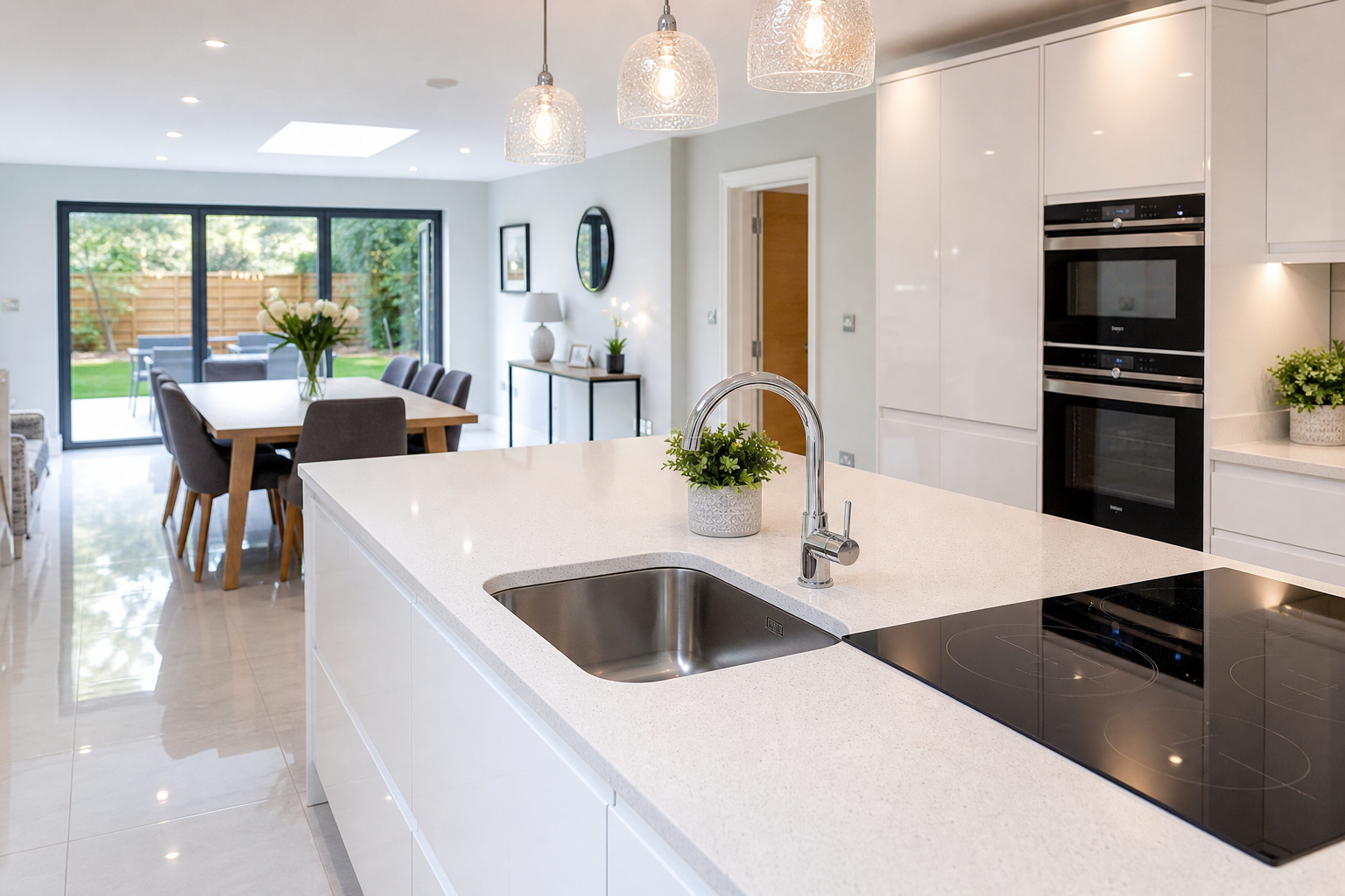 Bright, spotless modern kitchen and dining area after a professional deep clean