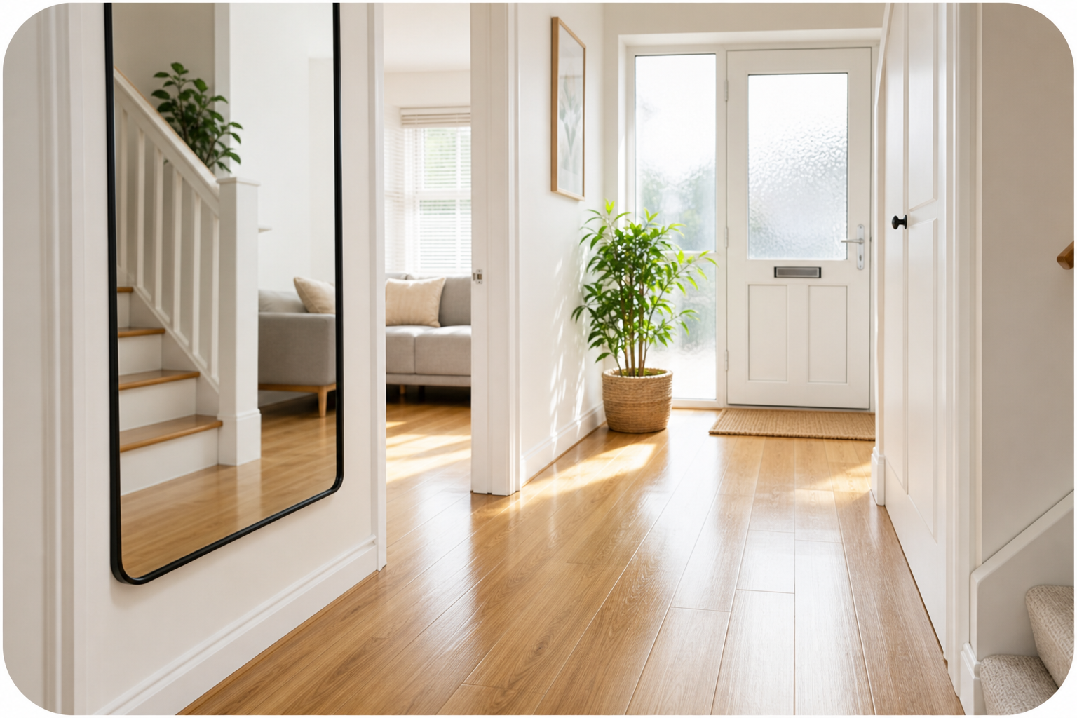 Sunlit hallway with streak-free glass and freshly mopped wooden floor