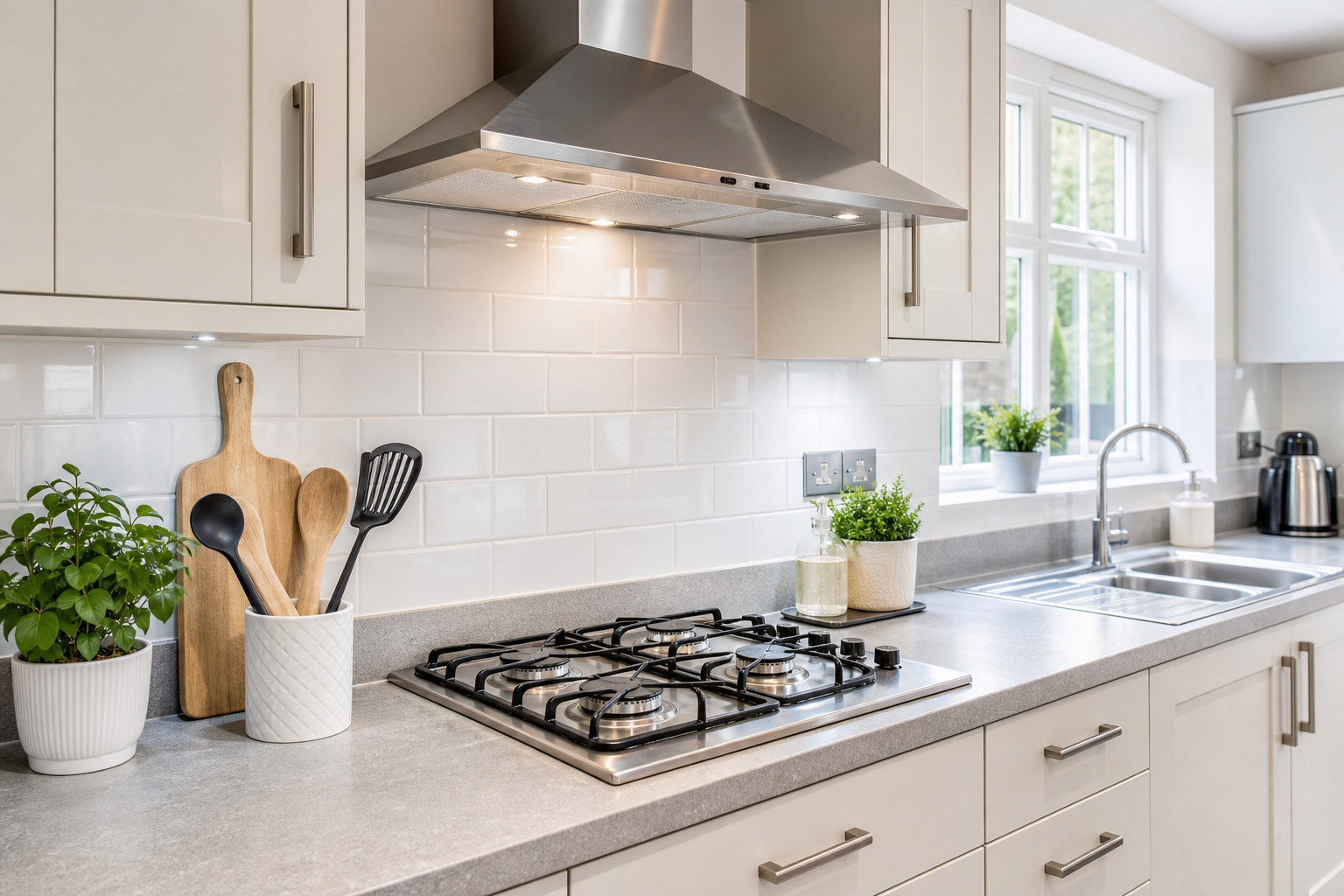 Polished white kitchen countertops and stainless-steel hob after cleaning