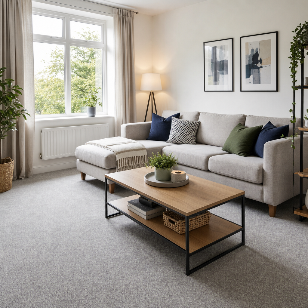 Cozy living room after cleaning with vacuumed carpet, tidy sofa, and neat coffee table