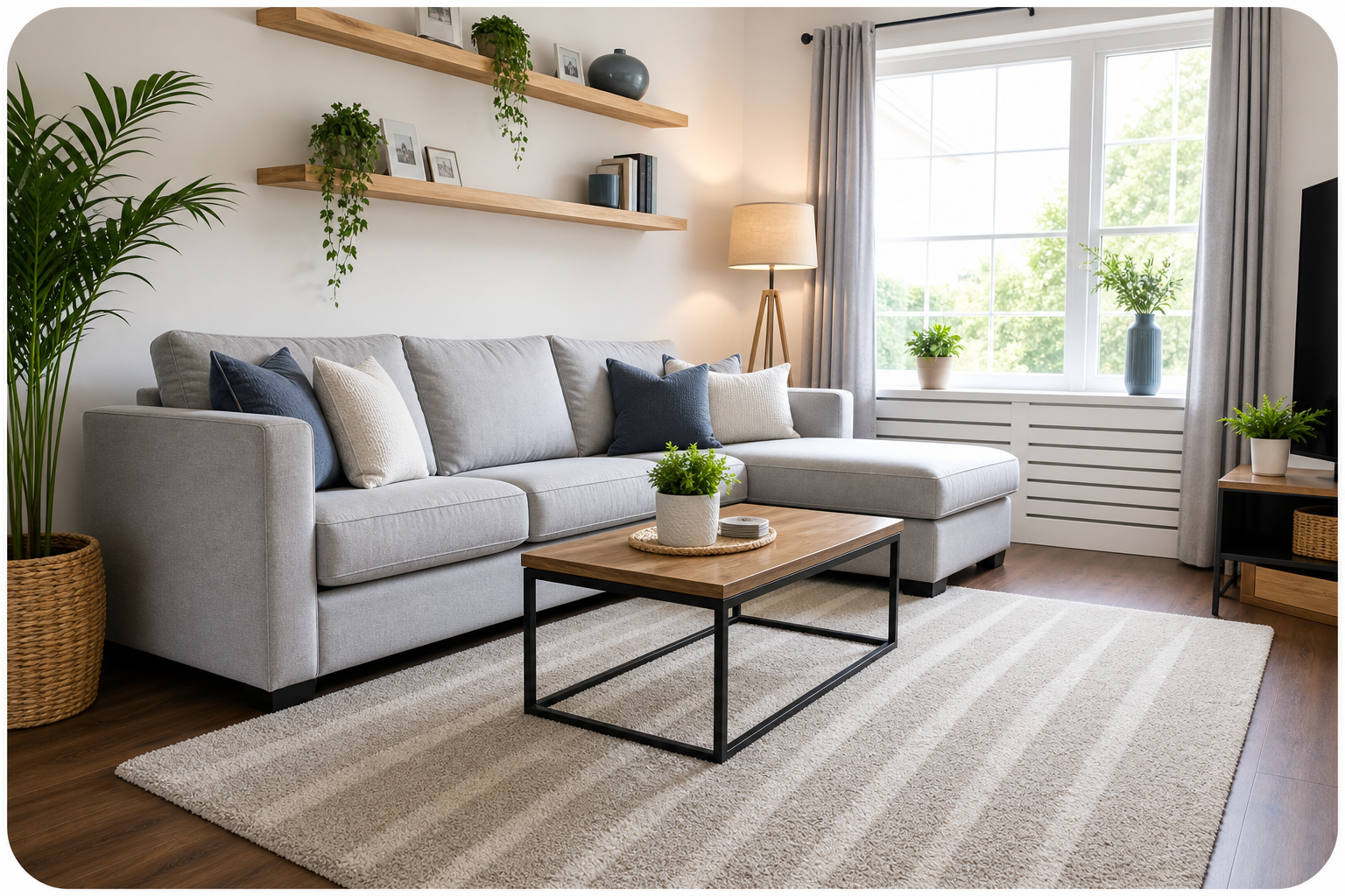 Neatly reset living room with vacuumed carpet and dust-free shelves