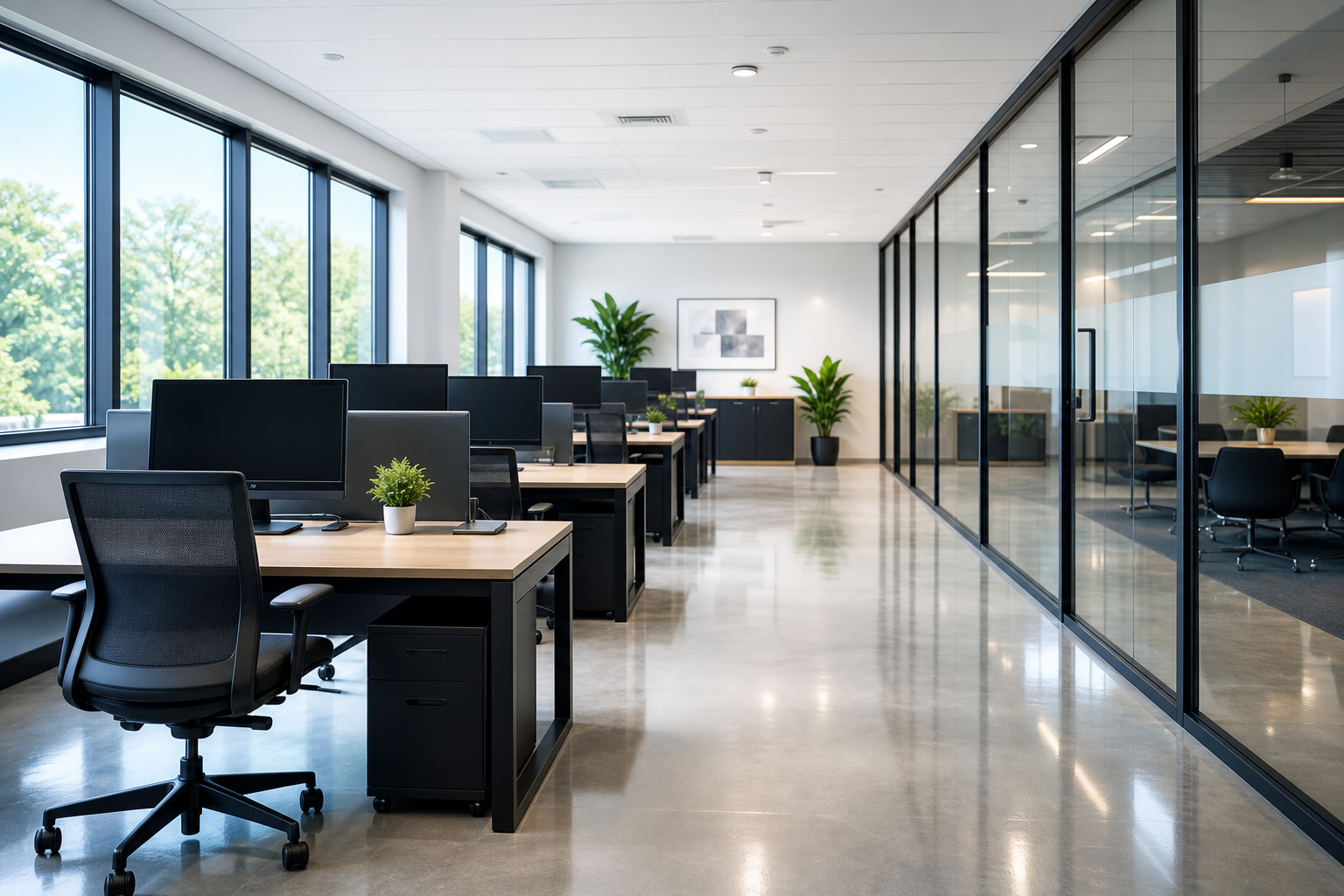 Clean open-plan office desks with polished floors and tidy workspace layout