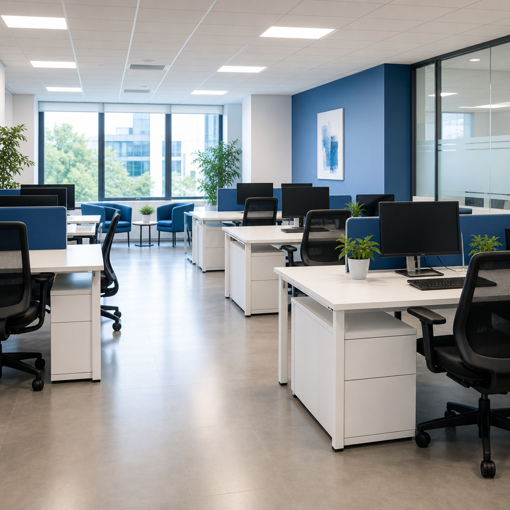 Modern office workspace with clean desks, polished floors, and organized chairs