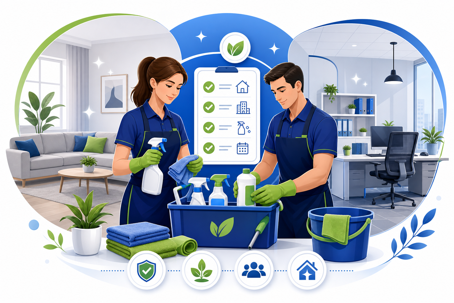 Modern vector illustration of a professional cleaner team with eco supplies, checklist board, and a tidy home and office scene in blue and green accents