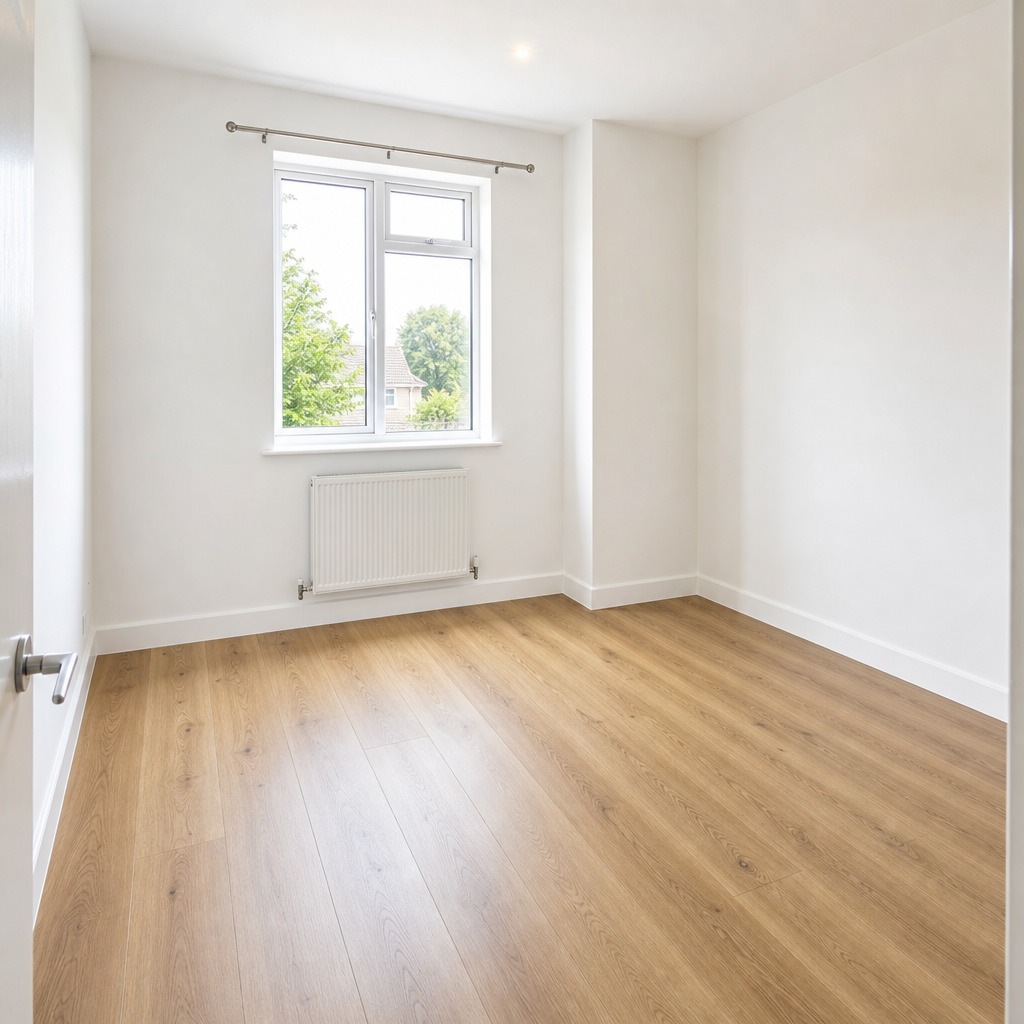 Empty rental bedroom after end of tenancy cleaning with spotless floor and dust-free surfaces