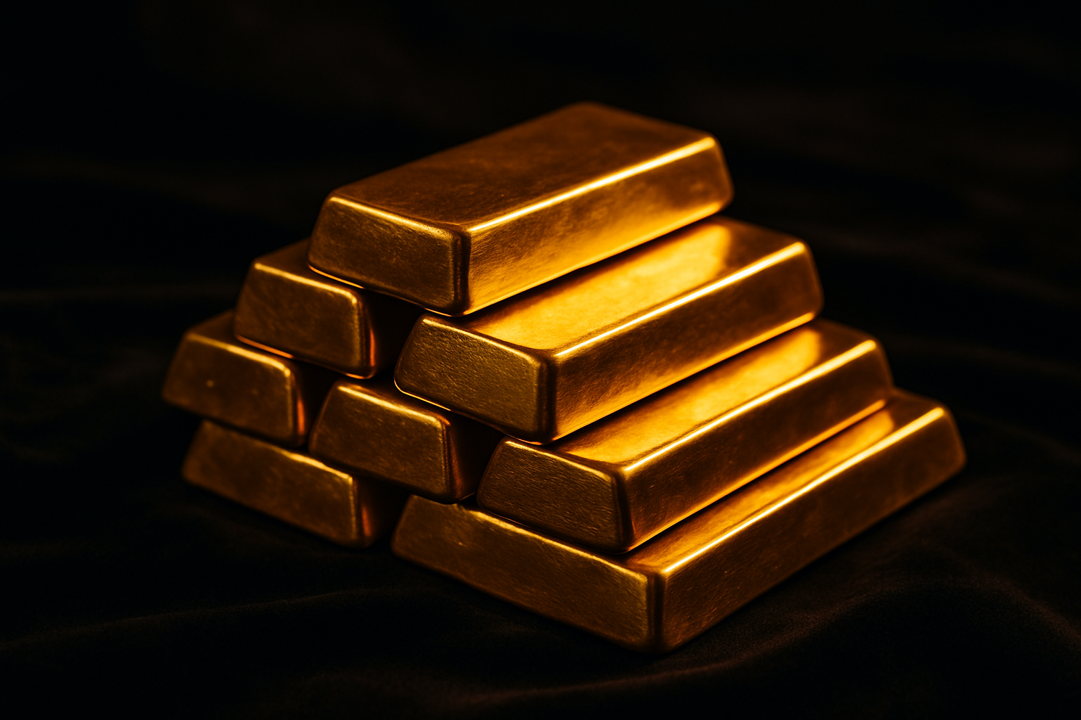 Stack of polished gold bars on a dark velvet surface with soft warm highlights