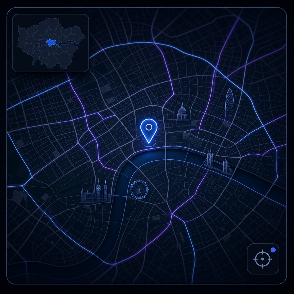 Central London, London çevresini gösteren modern, koyu temalı mini harita görünümü