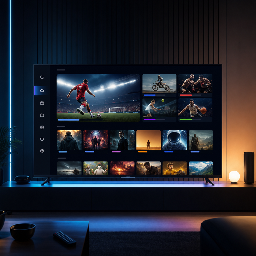 A sleek IPTV dashboard displayed on a modern smart TV with sports highlights and streaming tiles