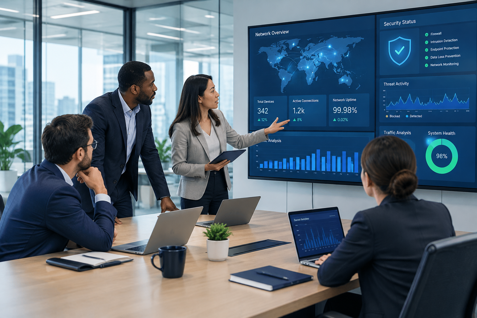 Professional technology consultants reviewing network architecture on screens in a modern office