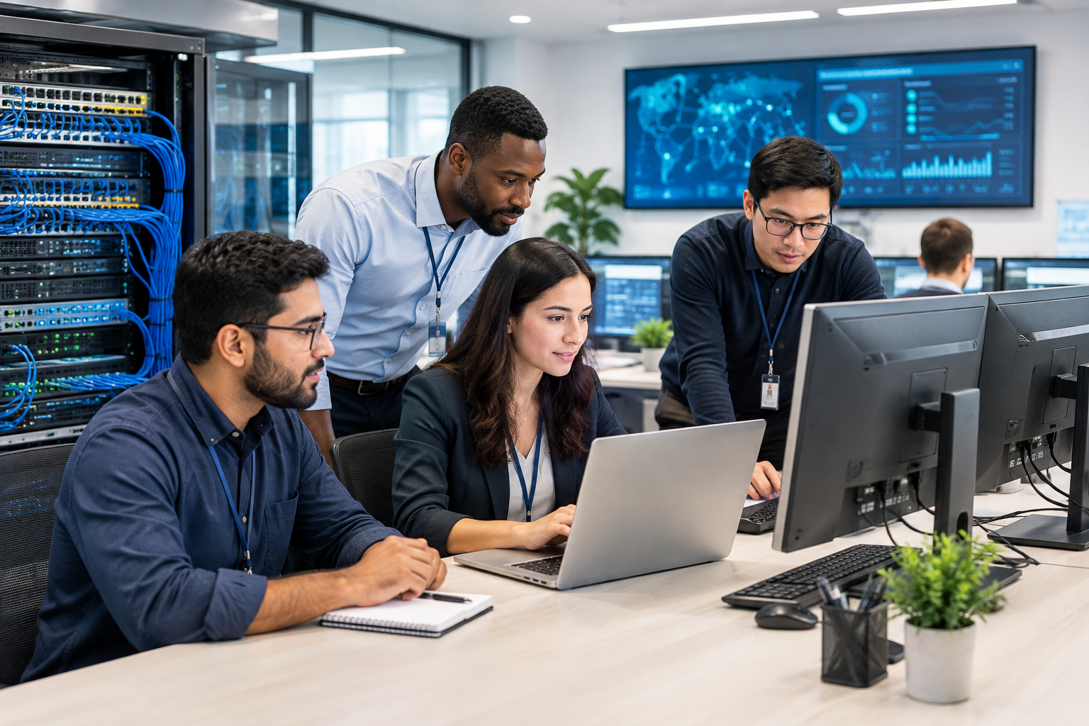 Professional business technology team collaborating in a modern office with laptops, network hardware, and monitoring screens