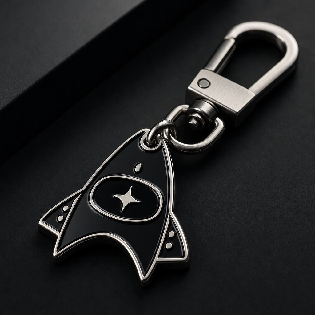 Close-up of a premium enamel keychain in midnight black with silver edging, attached to a brushed steel clasp on a matte dark backdrop.