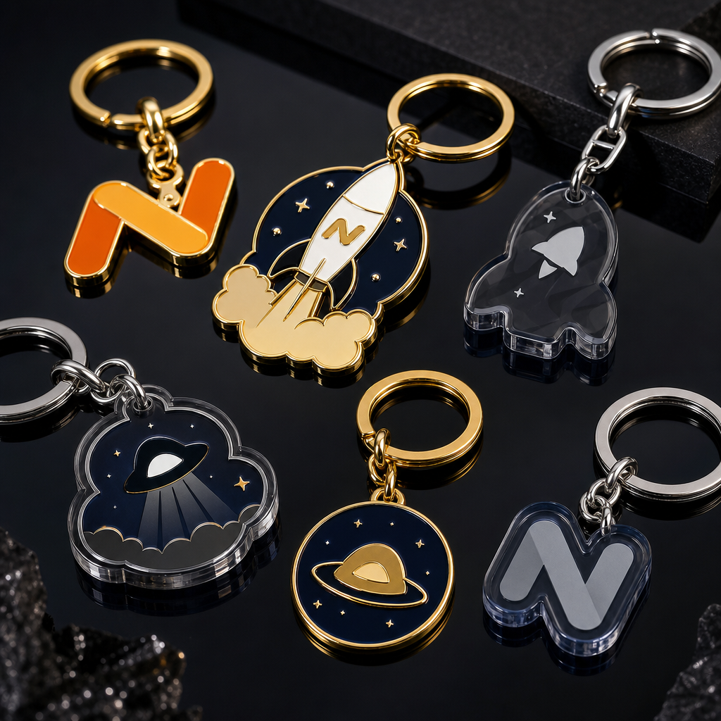 Premium enamel and acrylic keychains arranged on a dark reflective surface, featuring a mix of metallic gold, deep navy, and translucent smoke finishes with polished hardware.