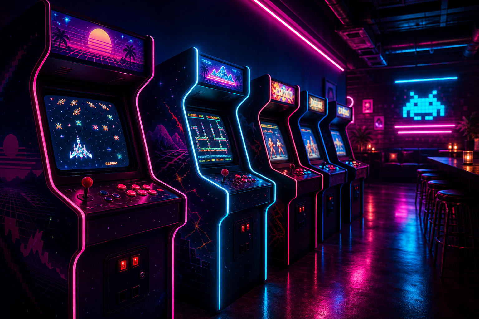Neon-lit retro arcade cabinets glowing in a dark lounge