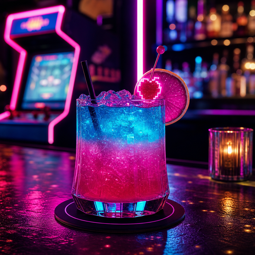 Bright magenta and cyan cocktail with glowing garnish on a dark bar