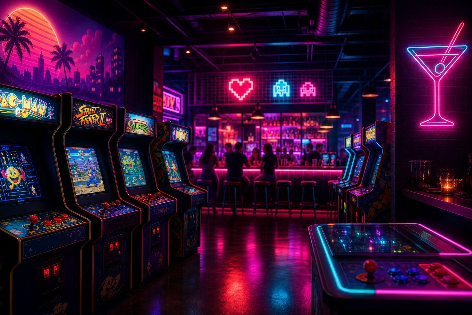 Neon-lit arcade bar interior with glowing game cabinets, cyan and magenta lights, and a lively nightlife atmosphere
