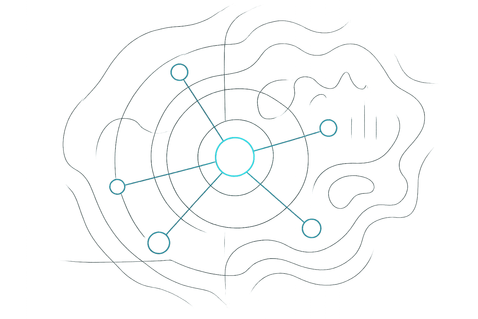Luminous abstract growth-map system graphic with interconnected nodes, directional vectors, and analytic contour lines