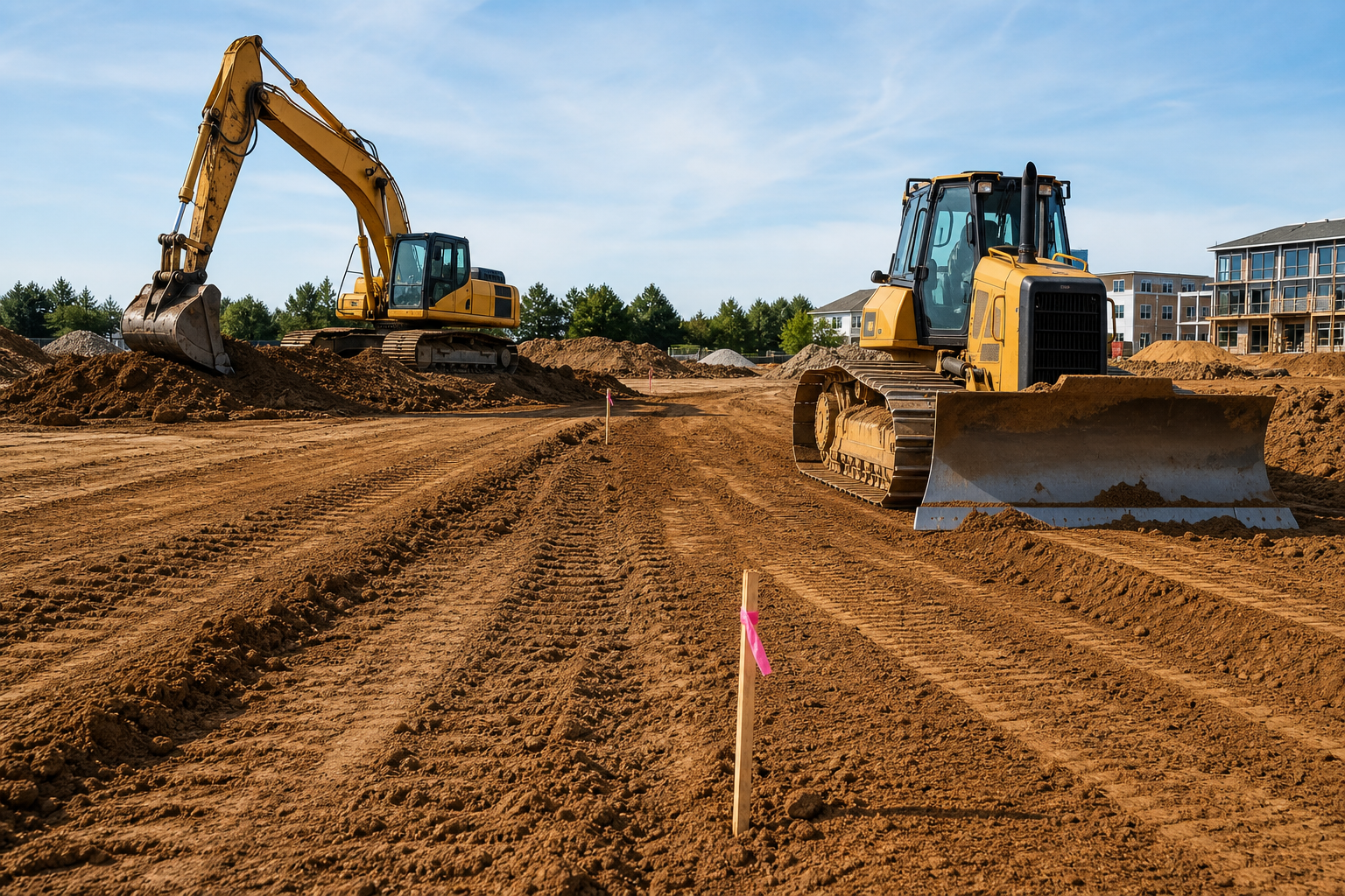 Excavator and dozer shaping a graded construction site with compacted soil and survey stakes