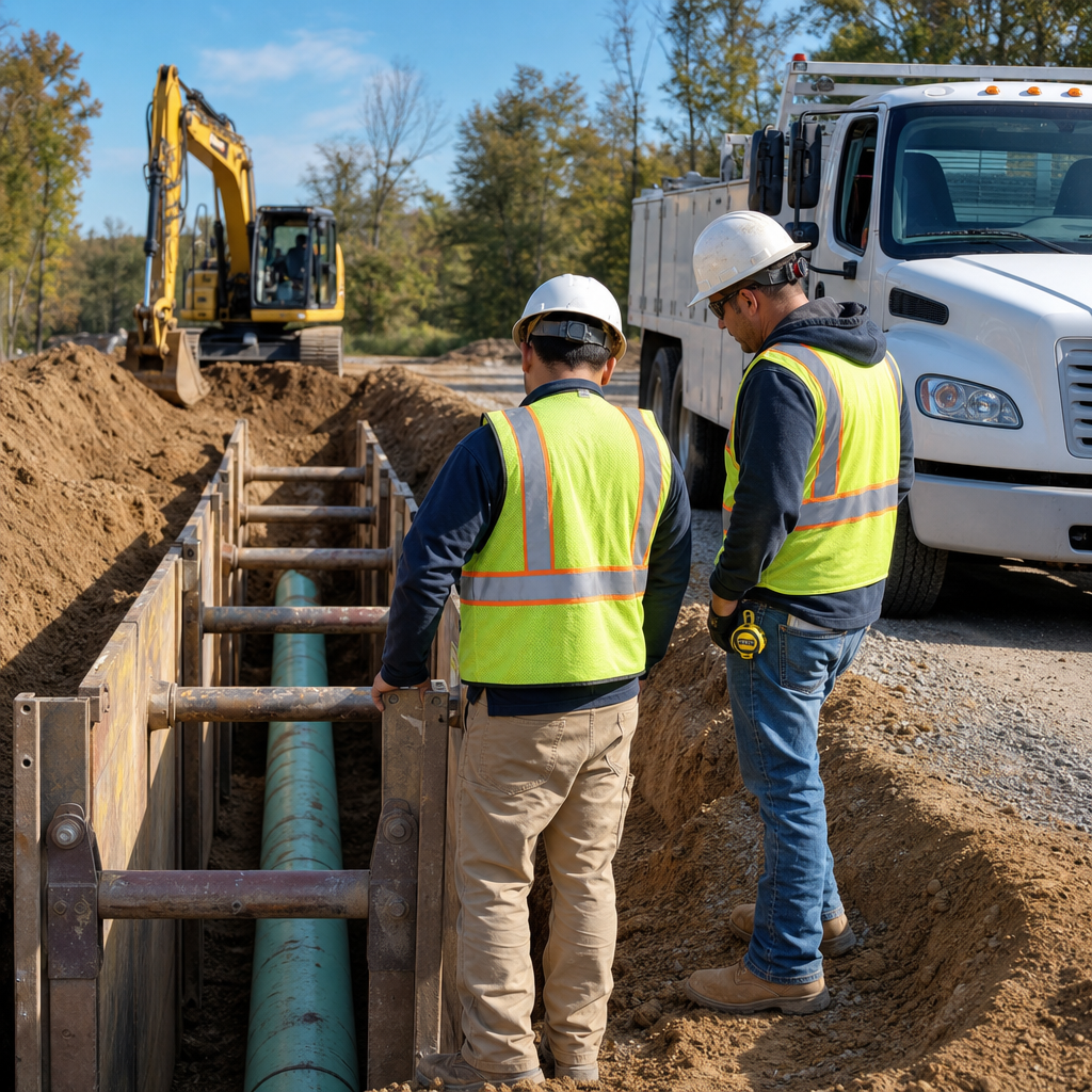 Two construction crew members in safety vests inspecting trench shoring and utility piping beside a work truck