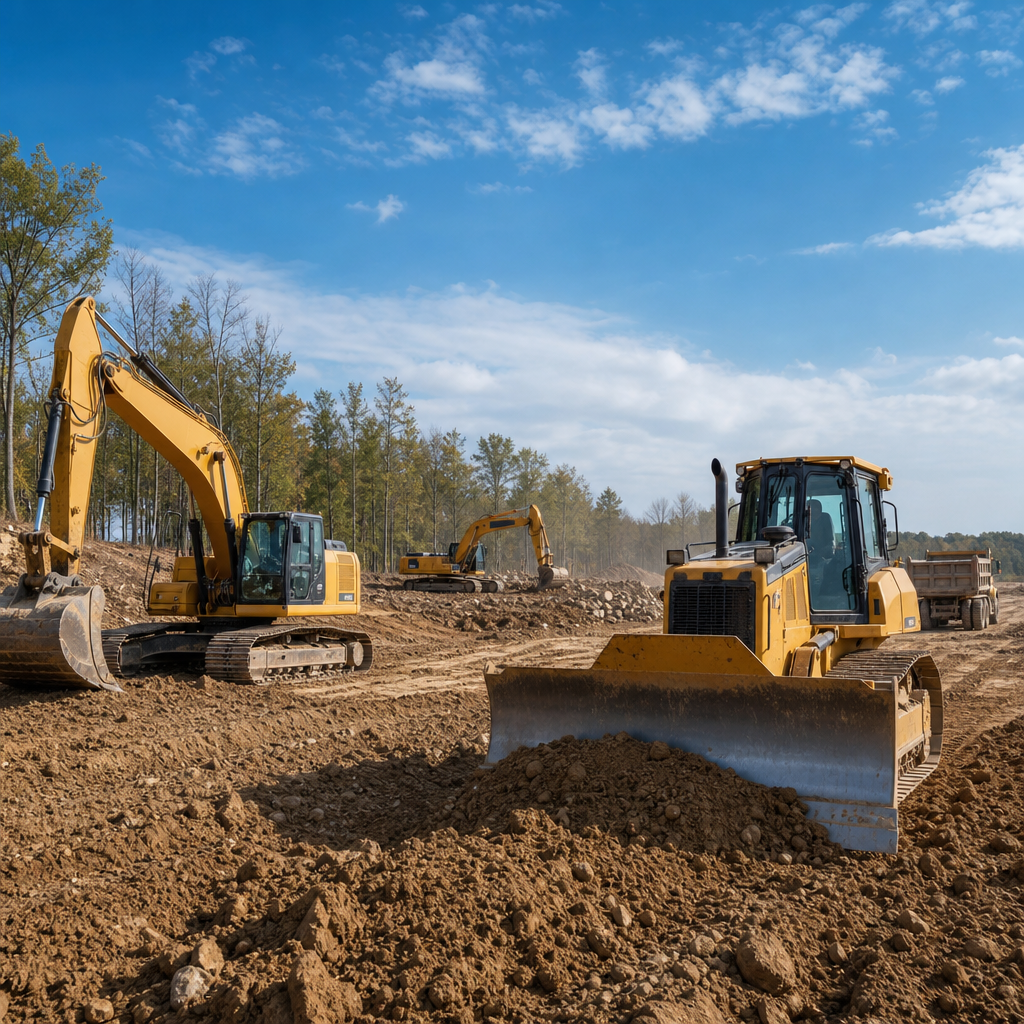 Tracked excavator and bulldozer working on a graded Northern Virginia job site with soil piles and utility trenching