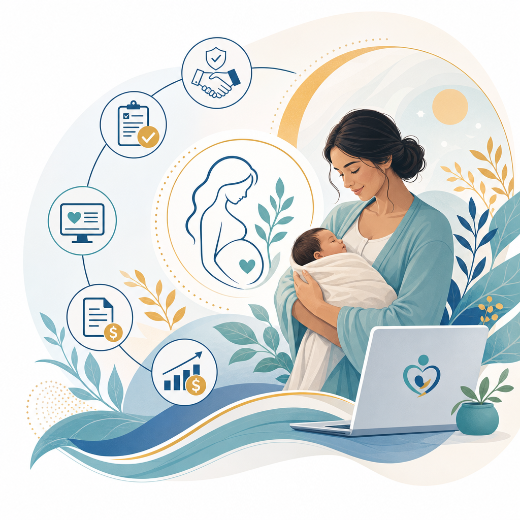 Calm abstract maternal healthcare illustration with a soft line-art figure and circular wellness motifs in a clean clinical style