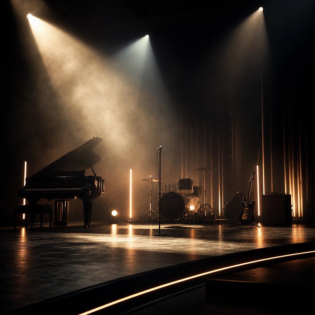 Abstract cinematic stage lighting with soft spotlights and atmospheric haze, inviting and aspirational