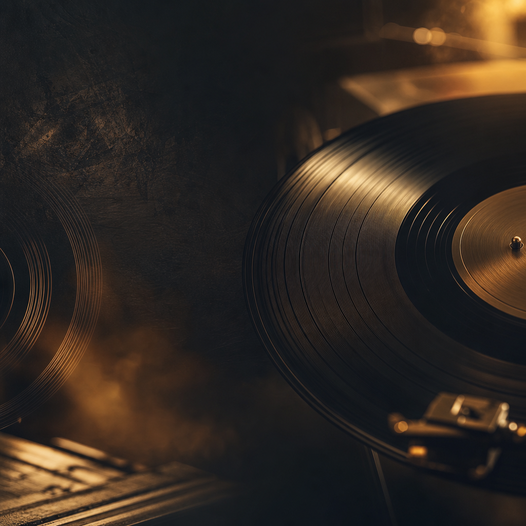Moody recording studio with warm analog equipment, soft amber lights, and a modern mixing console creating a cinematic atmosphere