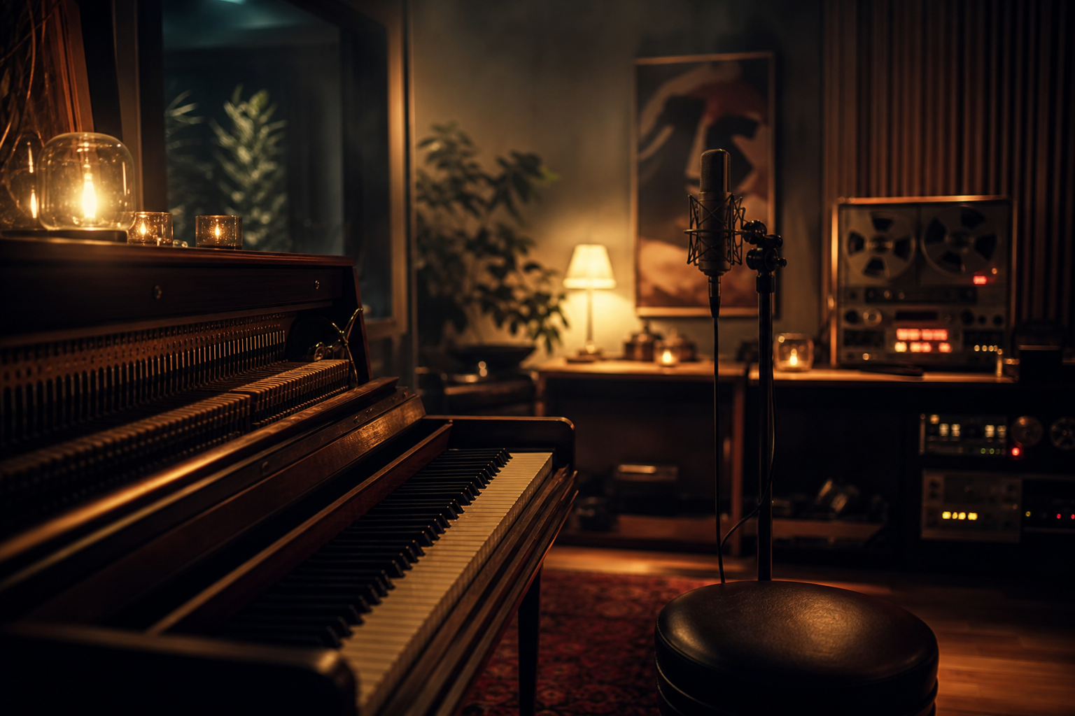 Moody studio portrait of Peaceful Memories Music with warm vintage lighting and analog instruments