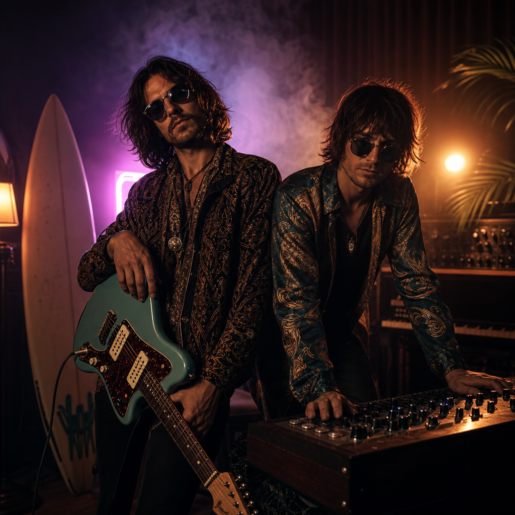 Moody editorial portrait of a psychedelic surf rock duo with vintage guitars and neon haze, cinematic studio lighting
