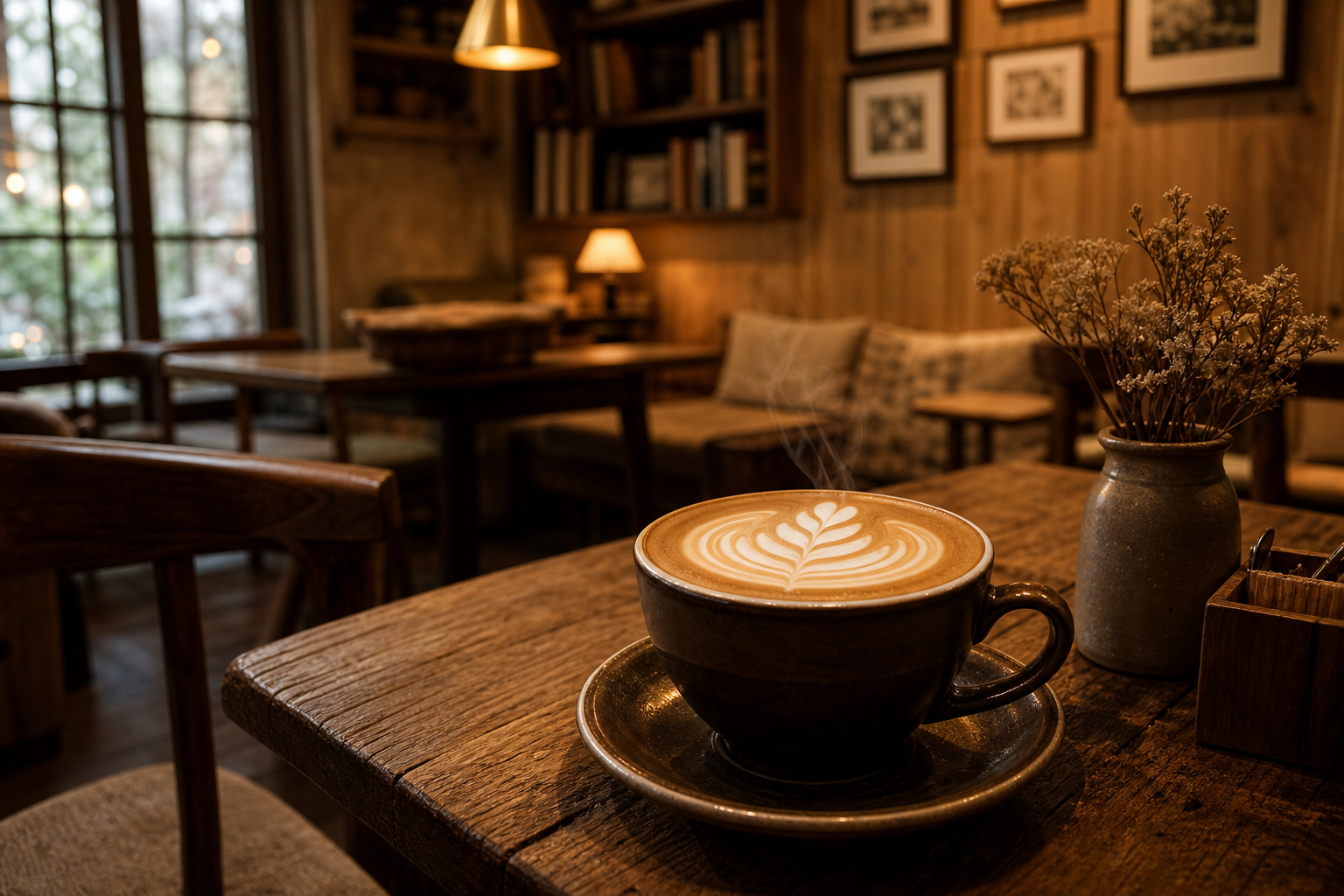 Moody Landour Latte interior with walnut wood finishes, ceramic latte art cup on a marble table, amber pendant lighting, and a calm evening café atmosphere