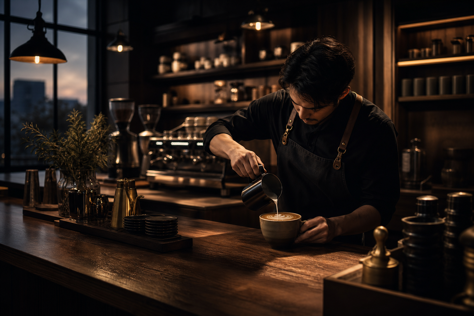Cinematic coffeehouse interior at dusk with a barista pouring latte art beside warm pendant lights, deep wood textures, soft window glow, and an upscale intimate café atmosphere