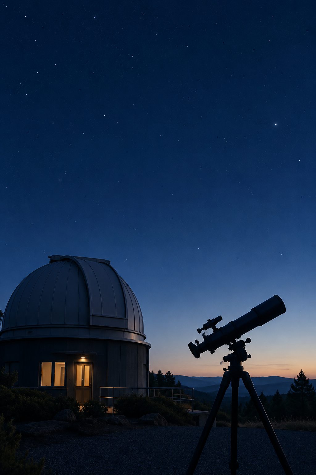 Quiet observatory dome and telescope silhouette at dusk with a soft star field