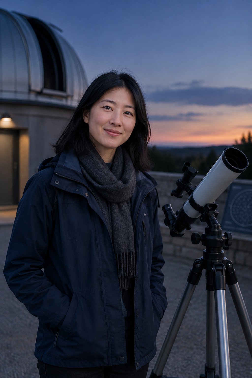 Lena Park standing beside a telescope in a navy field jacket, smiling under soft evening light