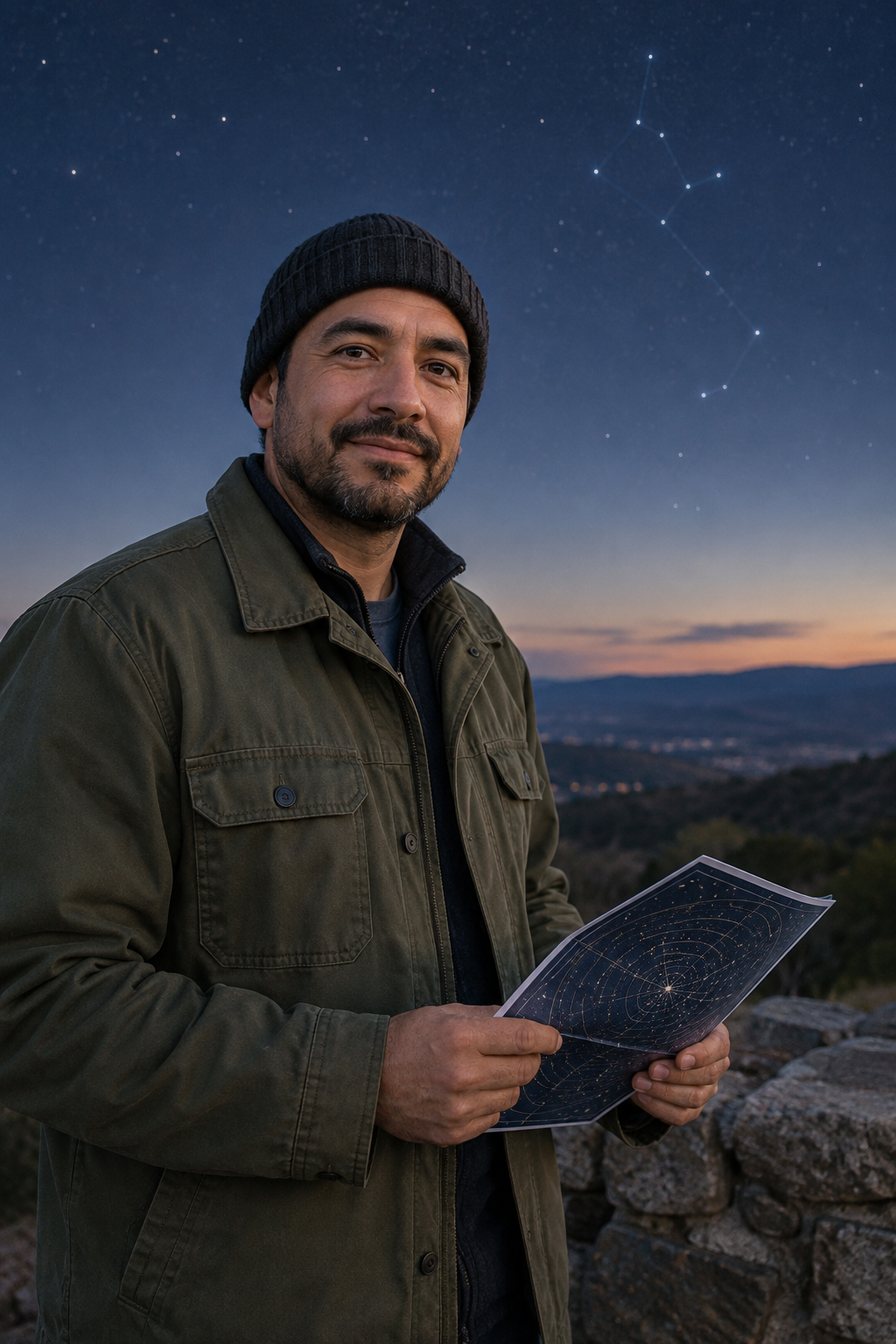 Omar Delgado holding a printed star map with a dark knit cap and olive jacket at twilight