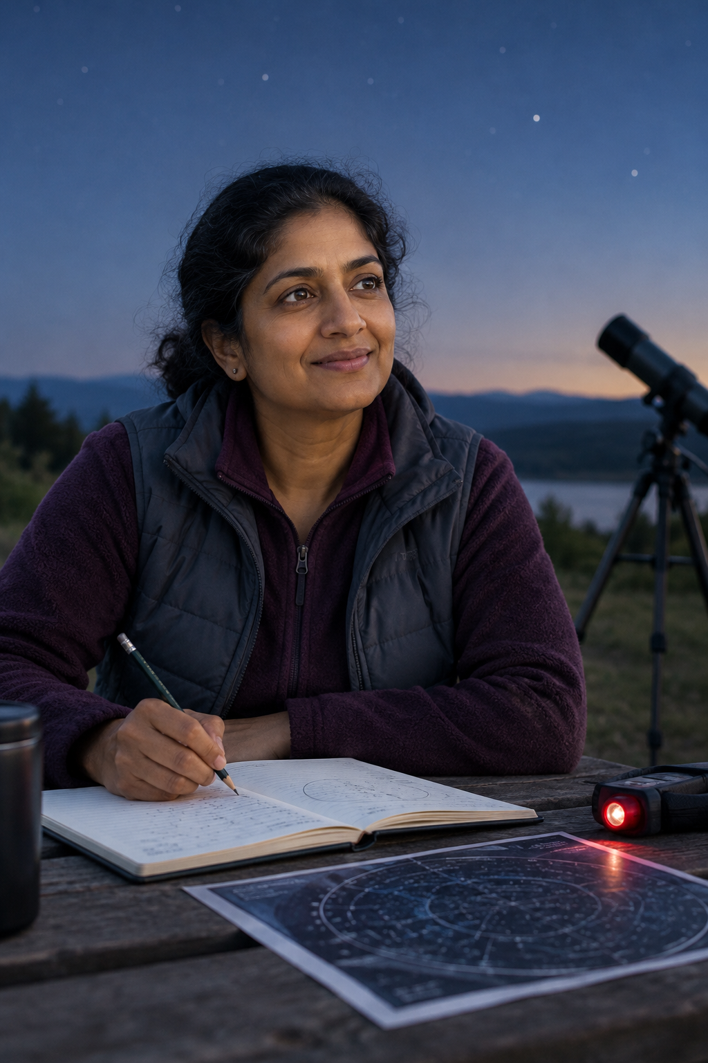Priya Natarajan seated at an outdoor table with a notebook and red flashlight during blue hour