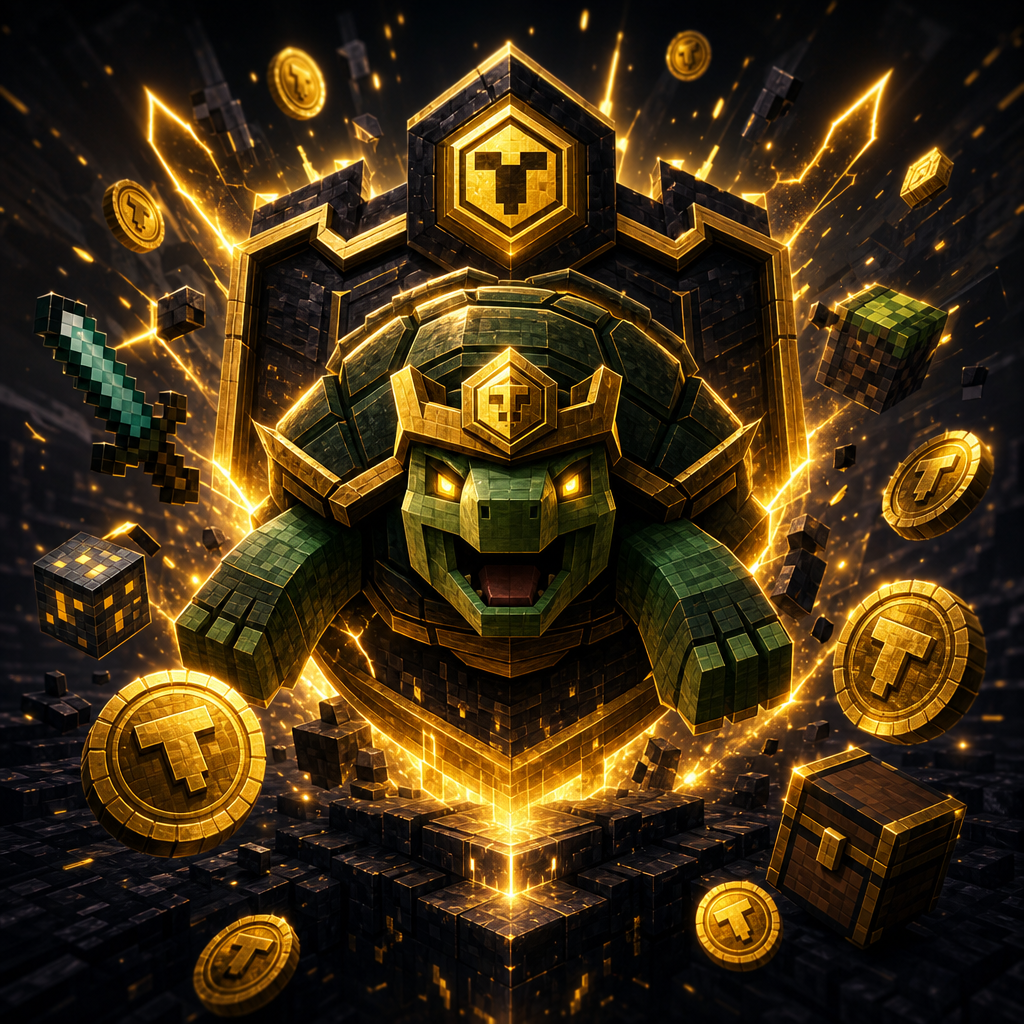 Cinematic Minecraft-inspired premium emblem scene featuring a powerful armored turtle crest, exploding golden TutiCoin energy trails, sharp geometric shards, dramatic glow, and dynamic impact motion over a dark fantasy backdrop