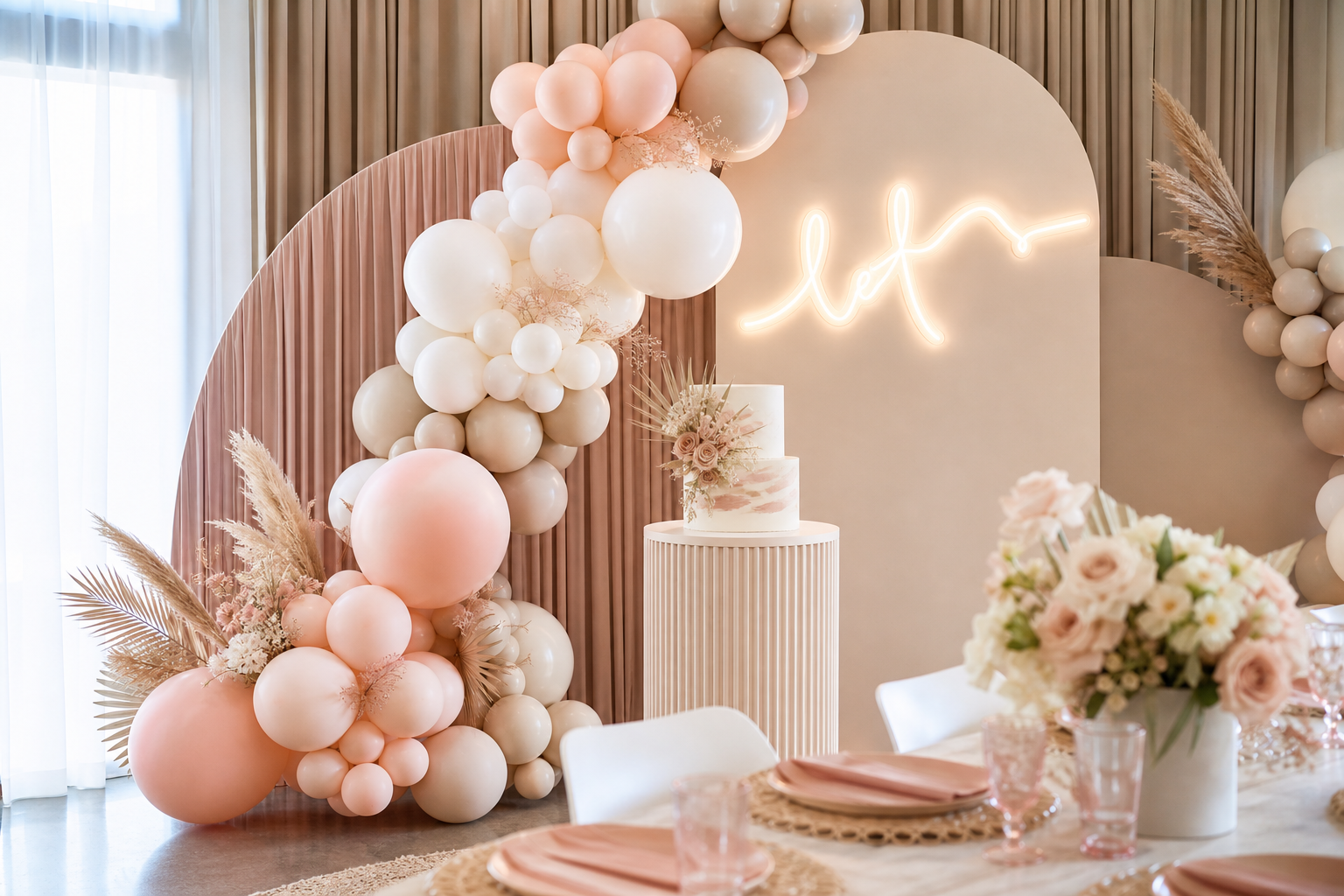Layered celebration backdrop with soft drape panels, balloon cluster, and neon sign for modern party photos