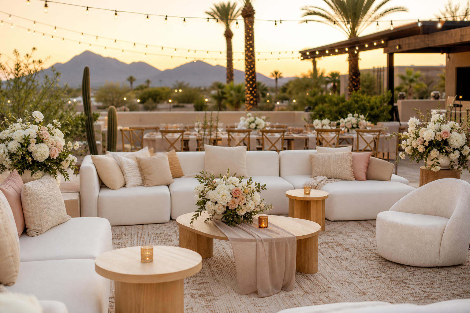 Styled outdoor celebration setup in Phoenix with layered lounge seating, neutral linen tables, floral accents, and warm evening string lights