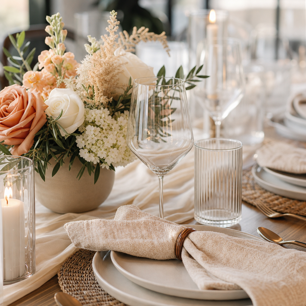 Close-up crop of a modern party table setting with textured napkins, glassware, candles, and soft floral centerpiece
