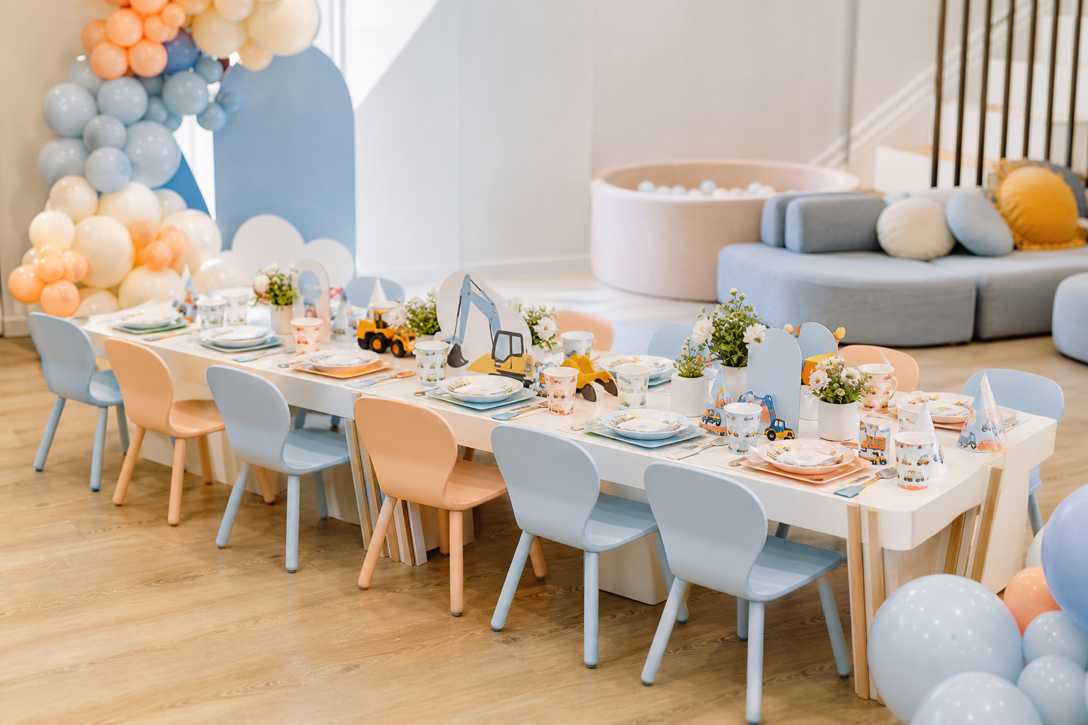 Kids party corner with mini tables, pastel chairs, and playful themed decor