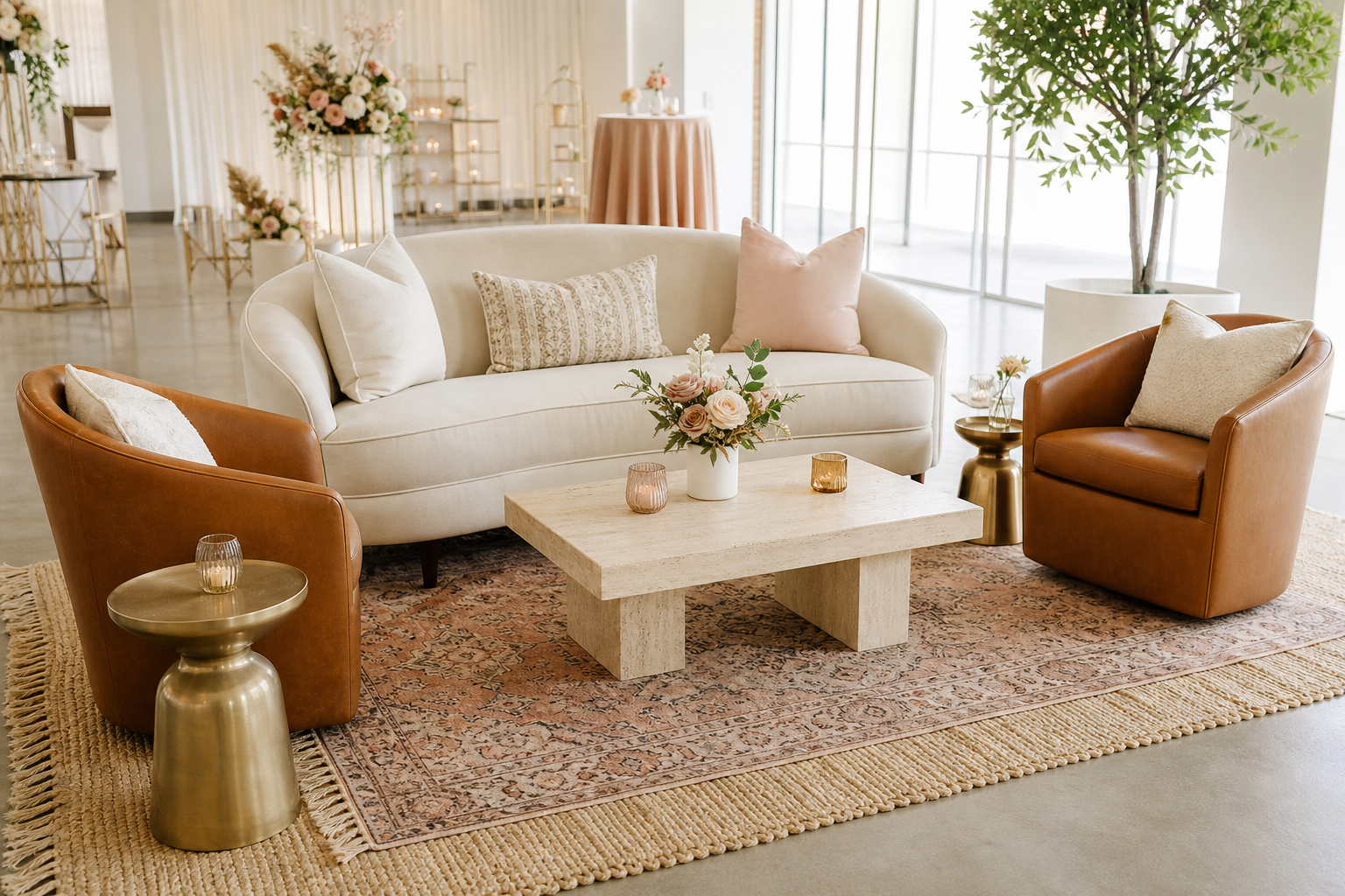 Neutral-toned lounge seating setup with velvet sofas, layered rugs, and brass side tables