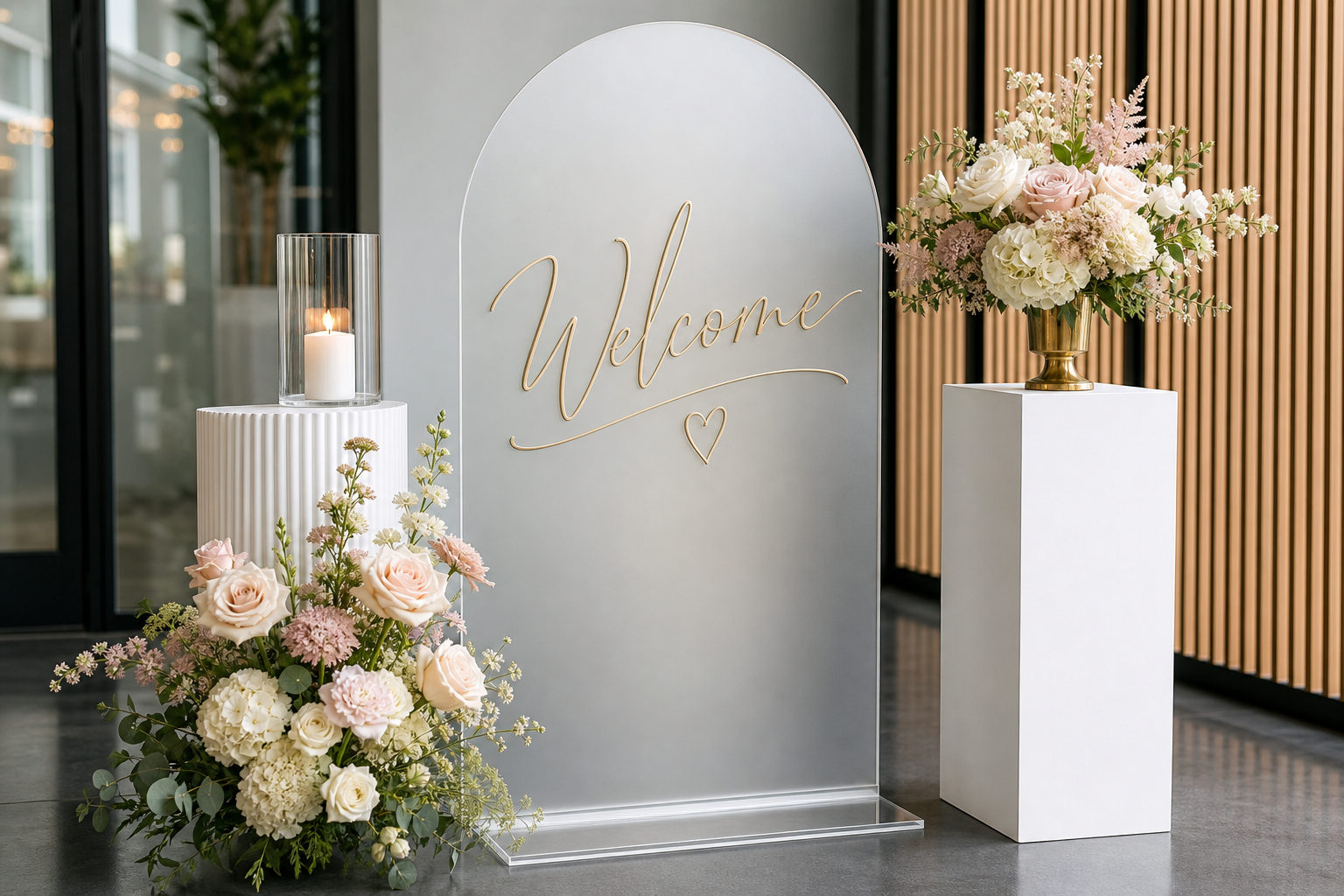 Freestanding welcome sign with arched acrylic panel, custom lettering, and floral accent