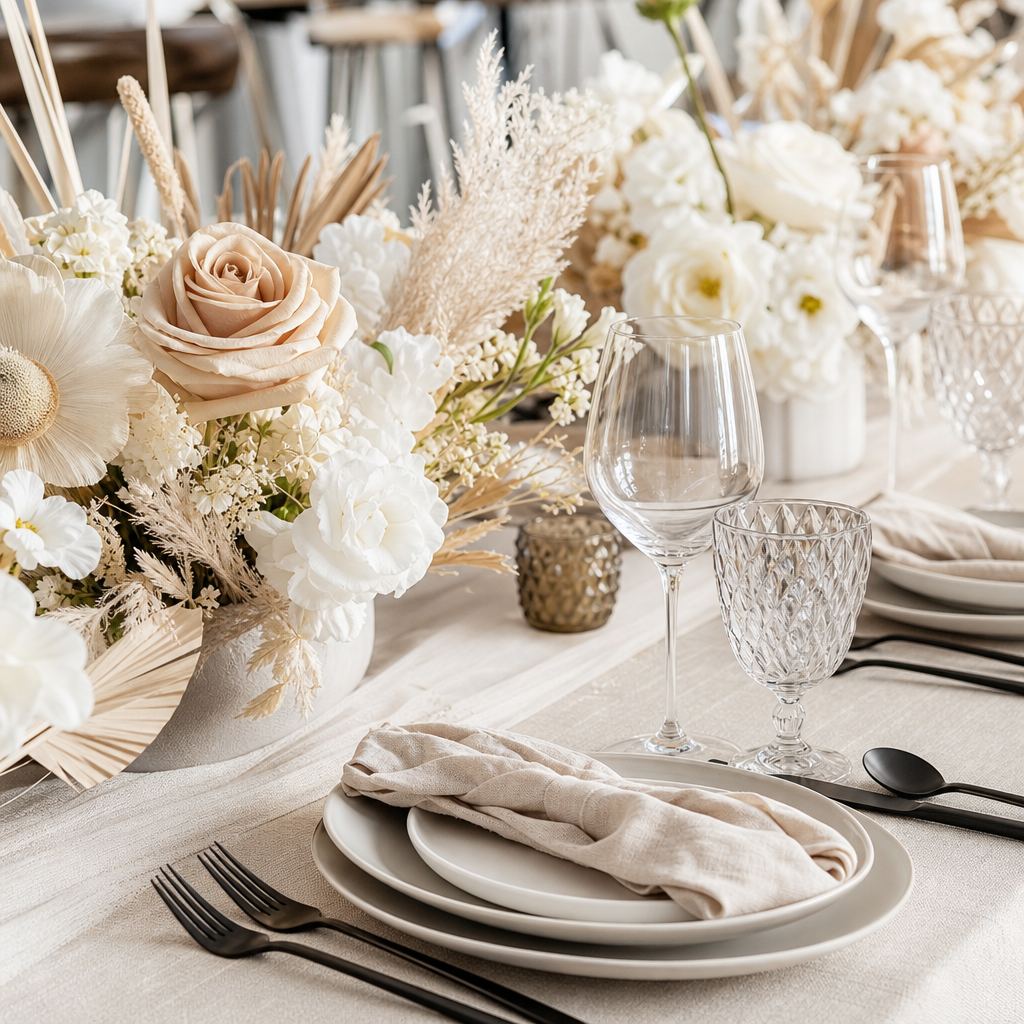 Close-up of soft neutral florals, glassware, and linen place settings on a curated event table