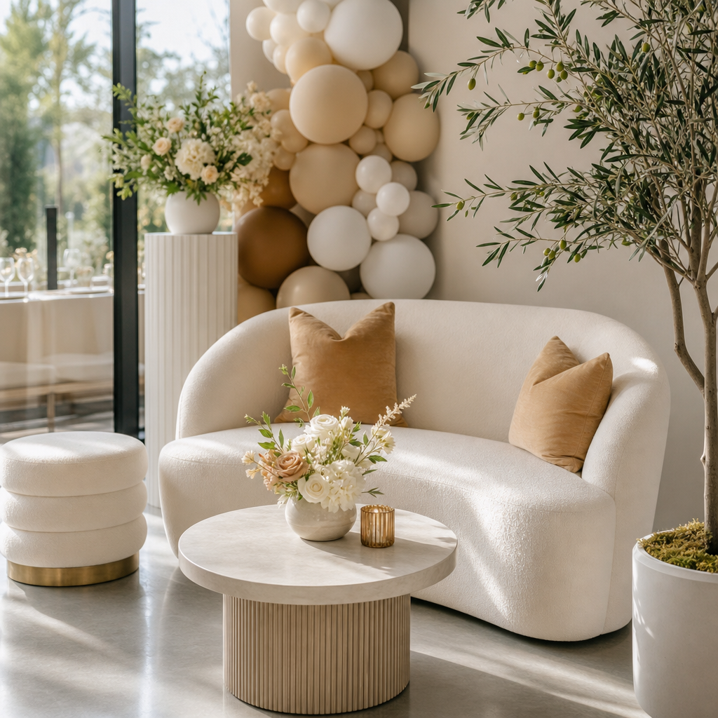 Small lounge vignette with neutral seating, accent pillows, and clean modern event styling