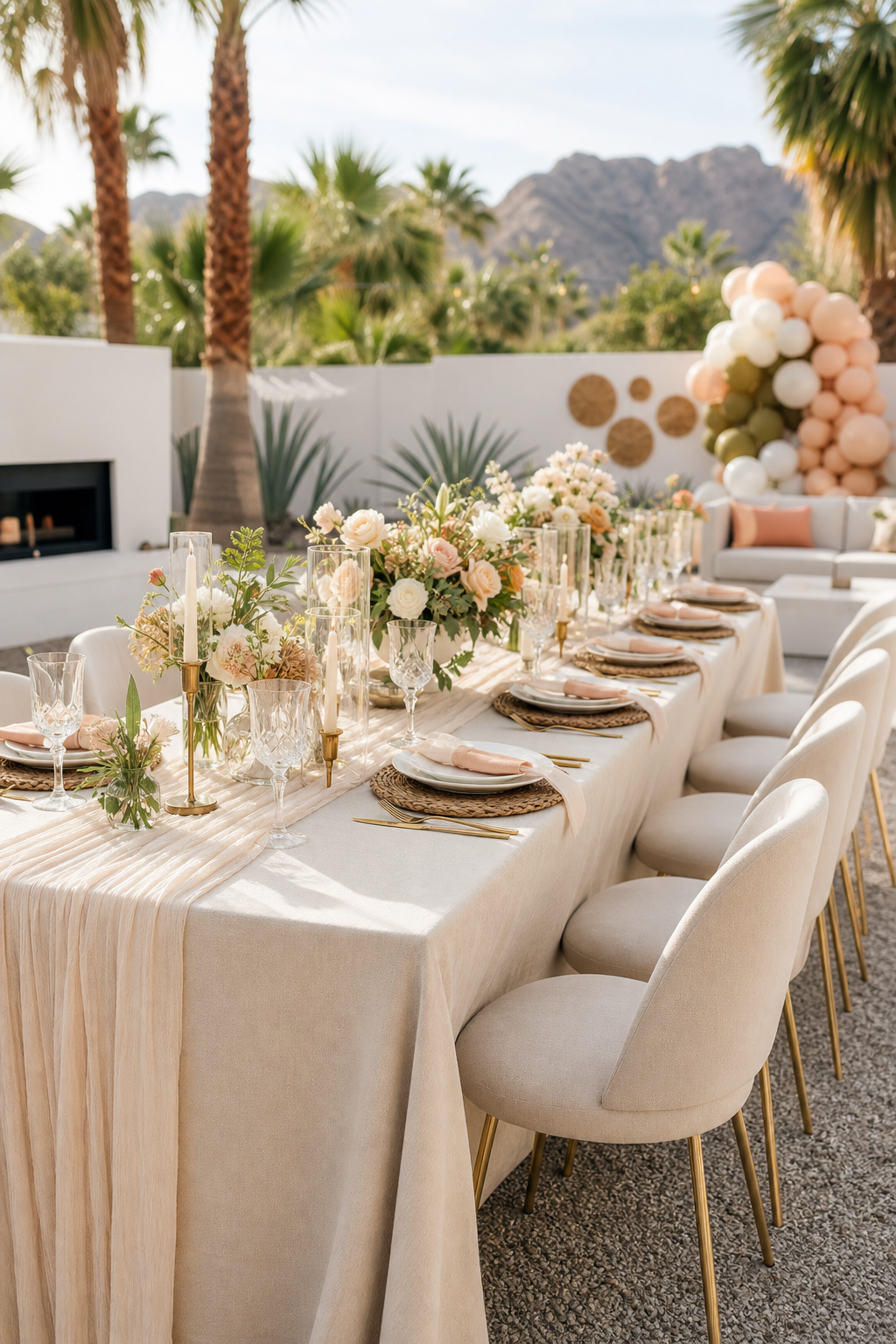 Bright styled outdoor event with layered table settings and modern rental furniture