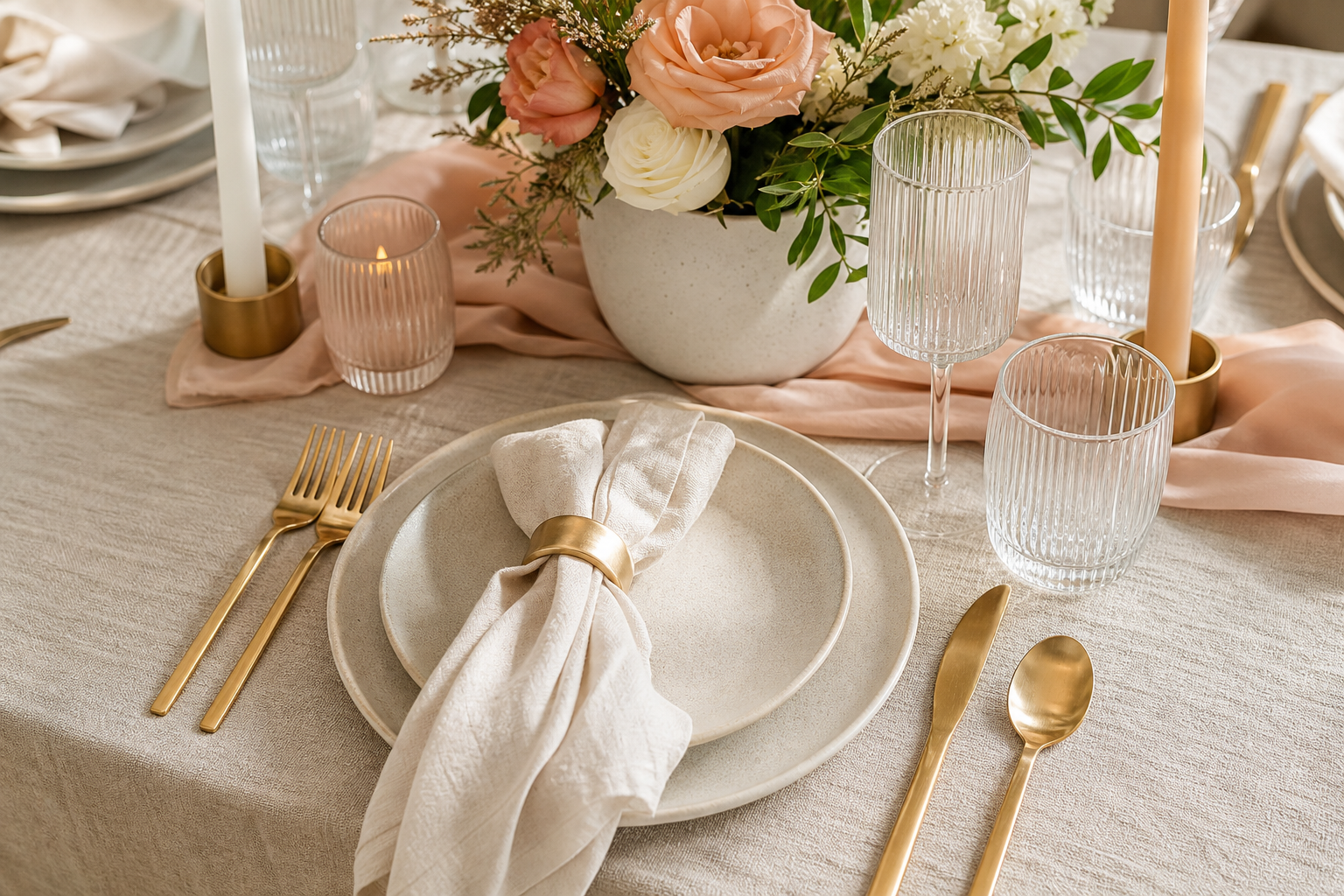 Elegant tablescape with textured linen, stoneware plates, and tapered candles