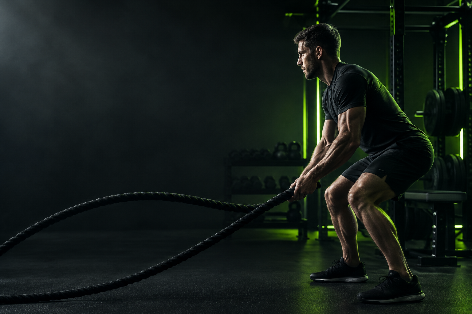 Athletic male coach training in a dark studio with restrained neon-lime edge lighting