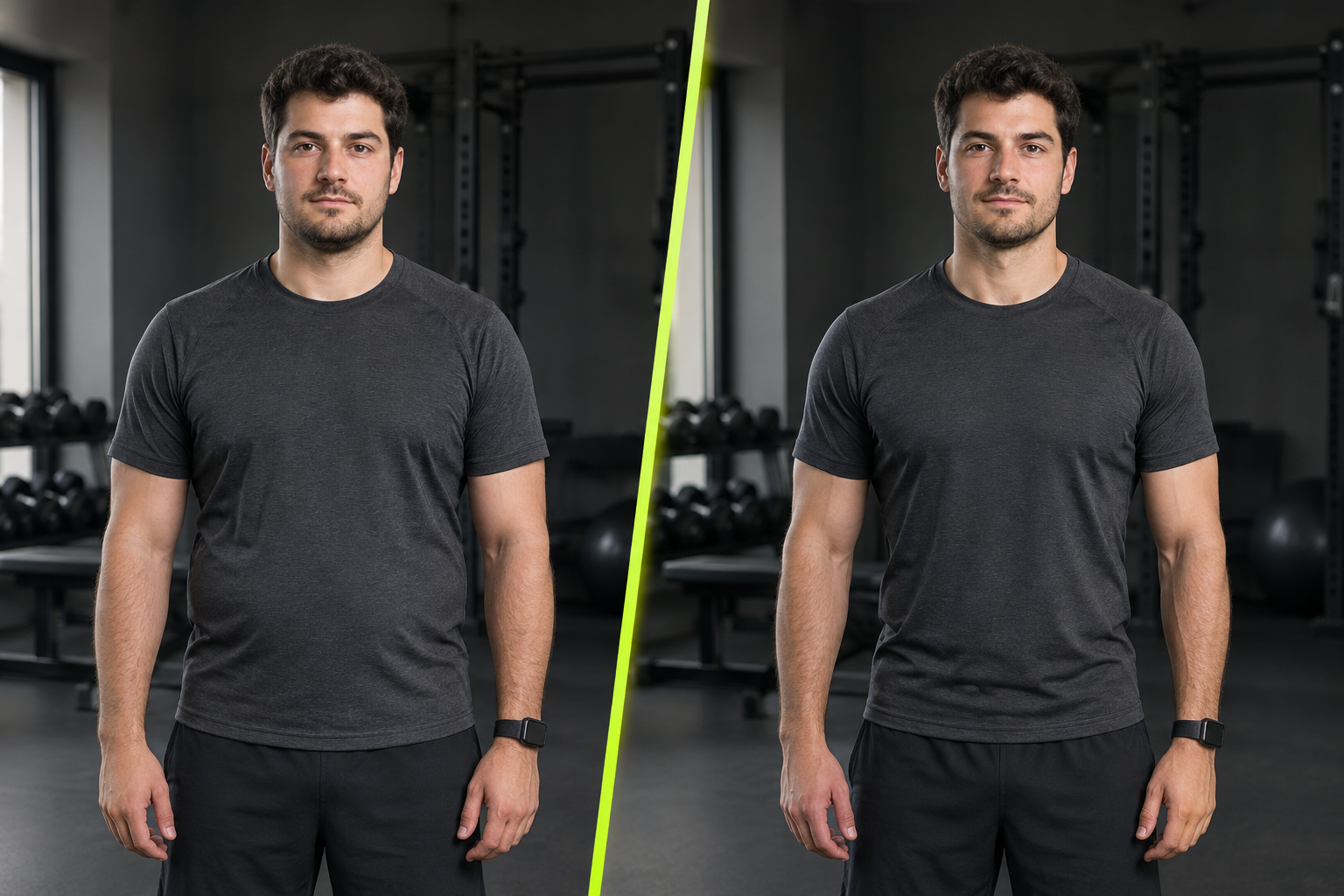 The same dark-curled adult man in a charcoal training shirt after a 12-week fitness routine, looking stronger and more defined in the same softly lit gym.