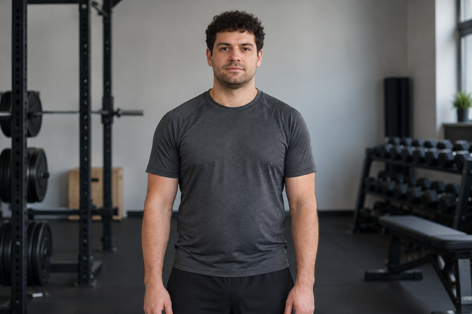 Adult man with a medium build and short dark curls, wearing a charcoal training shirt in a softly lit gym before beginning a fitness routine.